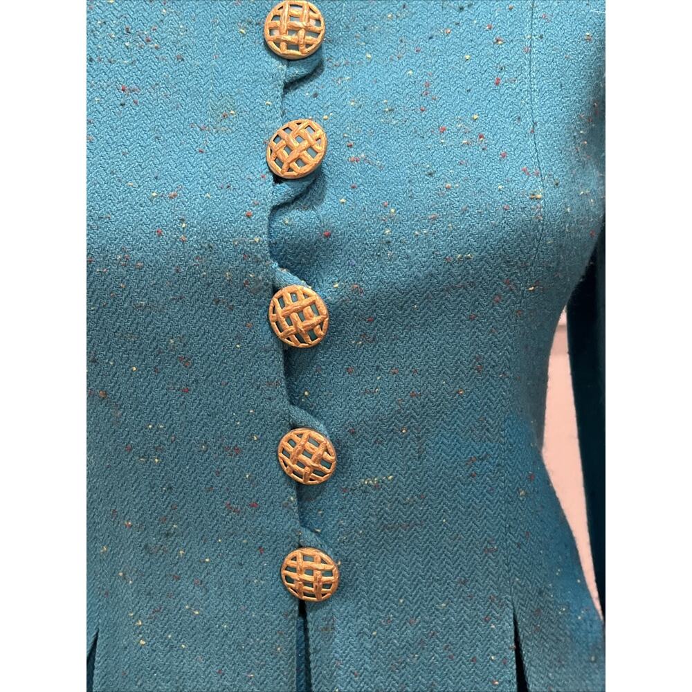 VTG Noviello Bloom Teal Herringbone Tweed Skirt Suit Set Gold Button Peplum - Picture 2 of 7